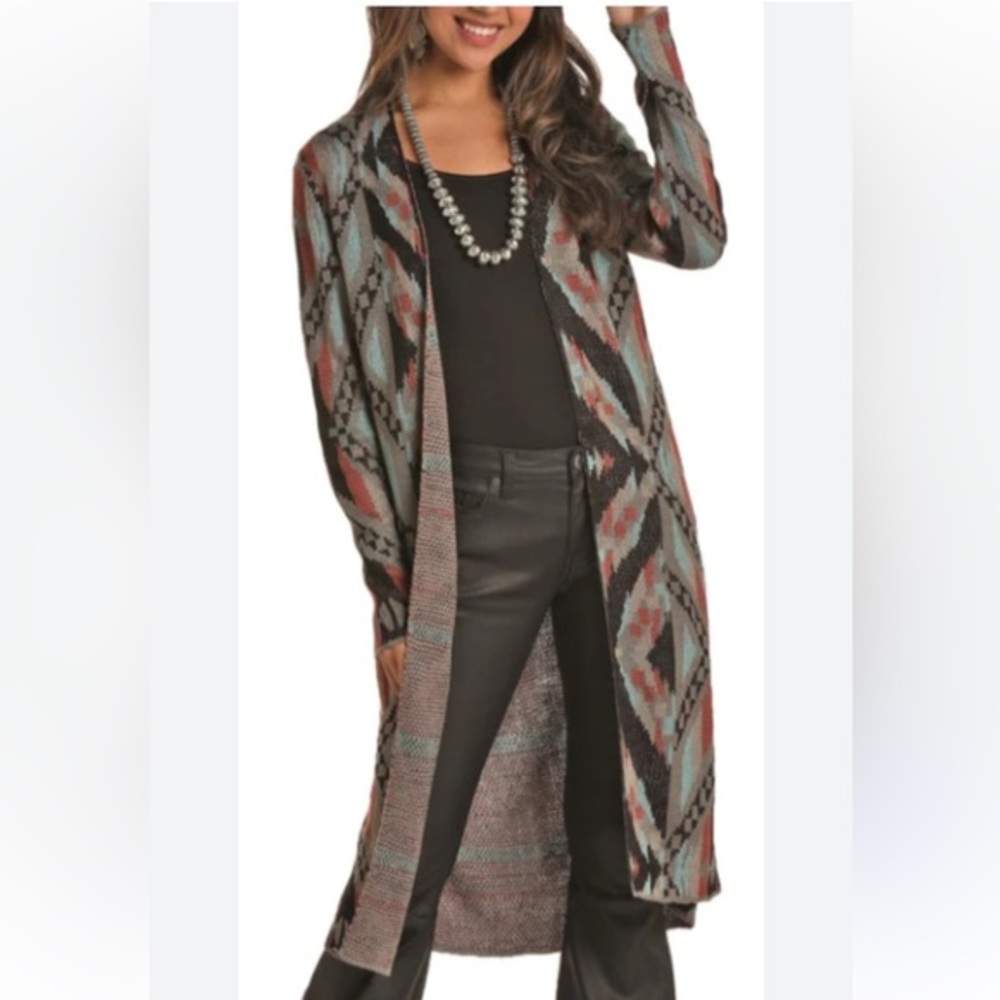Rock & Roll Cowgirl Aztec Long Duster Cardigan in Teal, Rust, Black